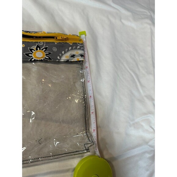 handmade clear vinyl zipper pouch with gray and yellow floral fabric - Picture 3 of 4